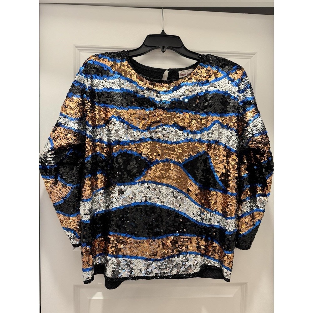 VTG Three Flags California Sequin Shirt Top Long Sleeve Silk Multicolor 80s Sz L